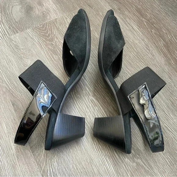 Munro Darling Suede Heels Sandals Open Toe Black Patent Leather Slingback: 9M - Picture 7 of 9